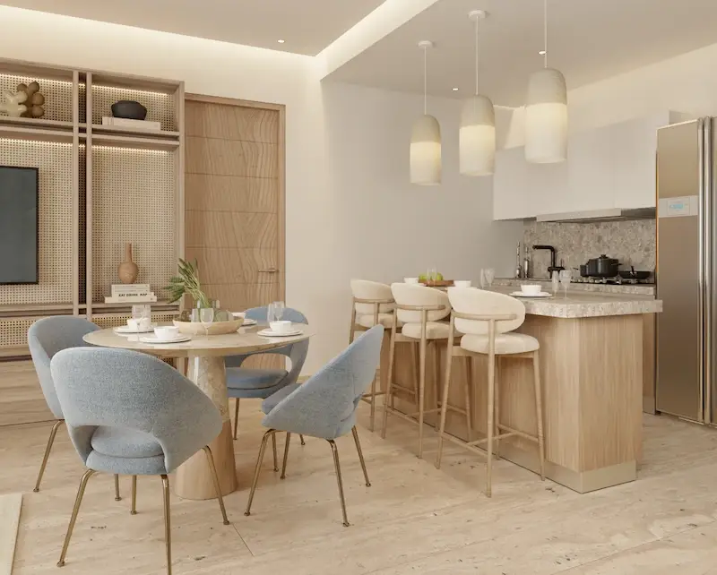 Comedor y cocina con isla y barra de desayuno en Village BLU