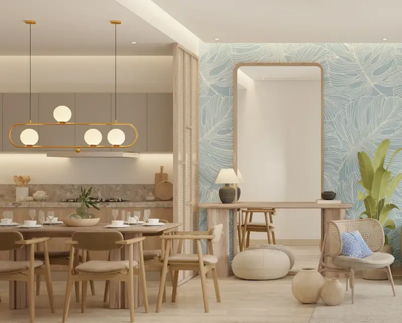 Comedor de Village BLU con lámpara de esferas, espejo de cuerpo entero y cocina