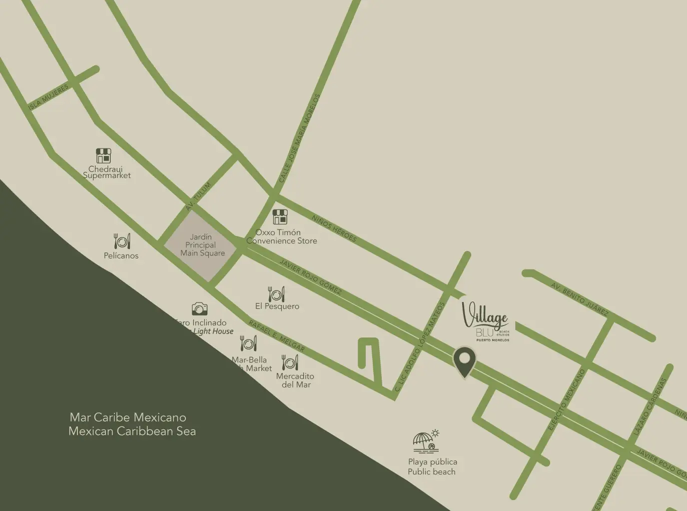 Mapa de Puerto Morelos con la ubicación de Village BLU, la playa pública y los comercios cercanos