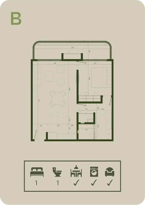 Plano del Tipo B de Village BLU: 1 recámara, 1 baño, sala-comedor y área de lavado