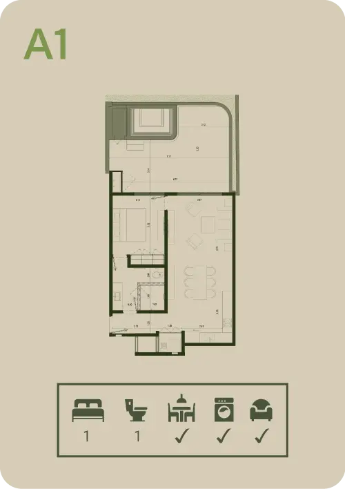 Plano del Tipo A1 de Village BLU: 1 recámara, 1 baño, sala-comedor y área de lavado