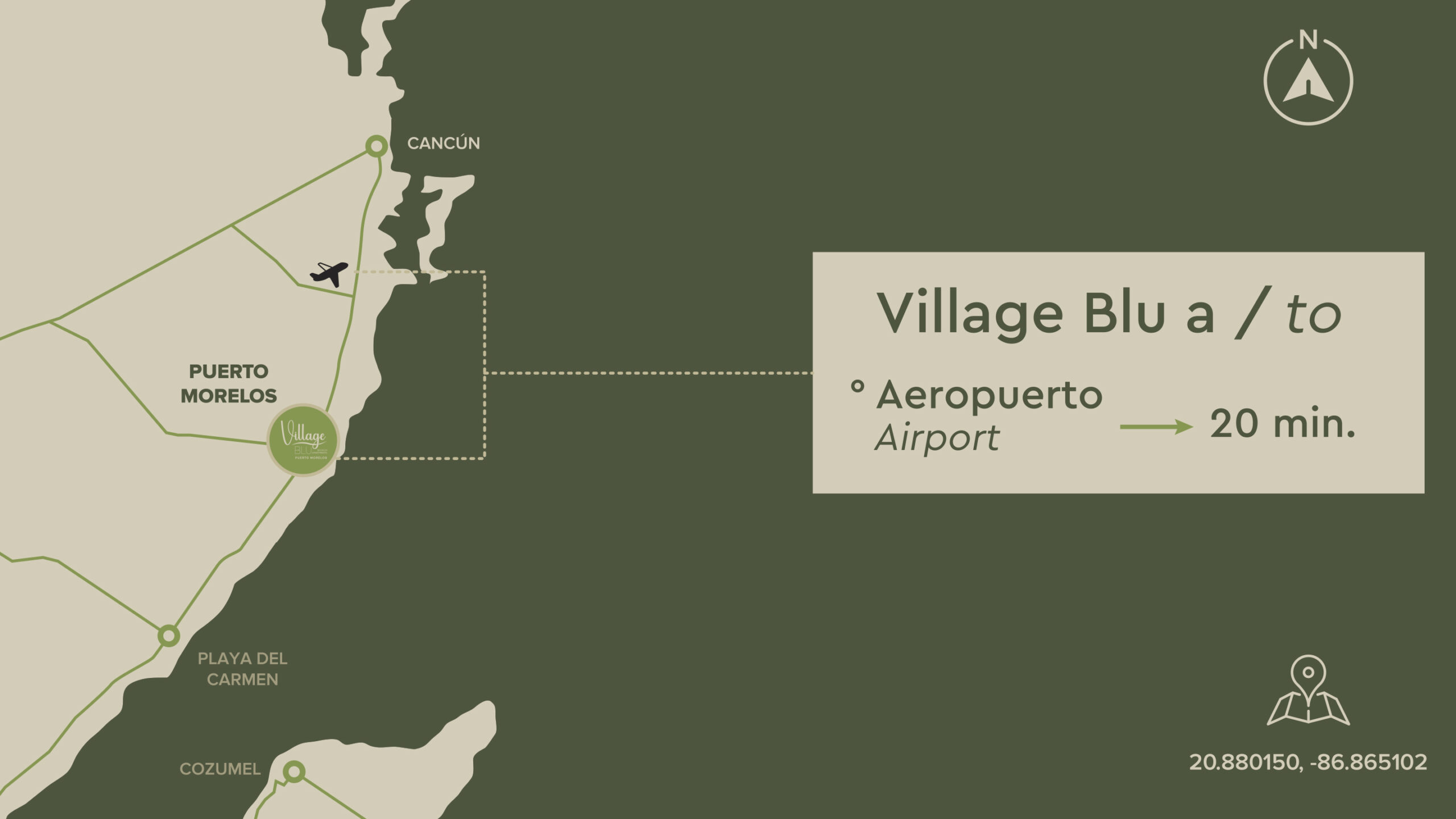 Mapa ubicación Village BLU distancia aeropuerto Cancun Puerto Morelos.