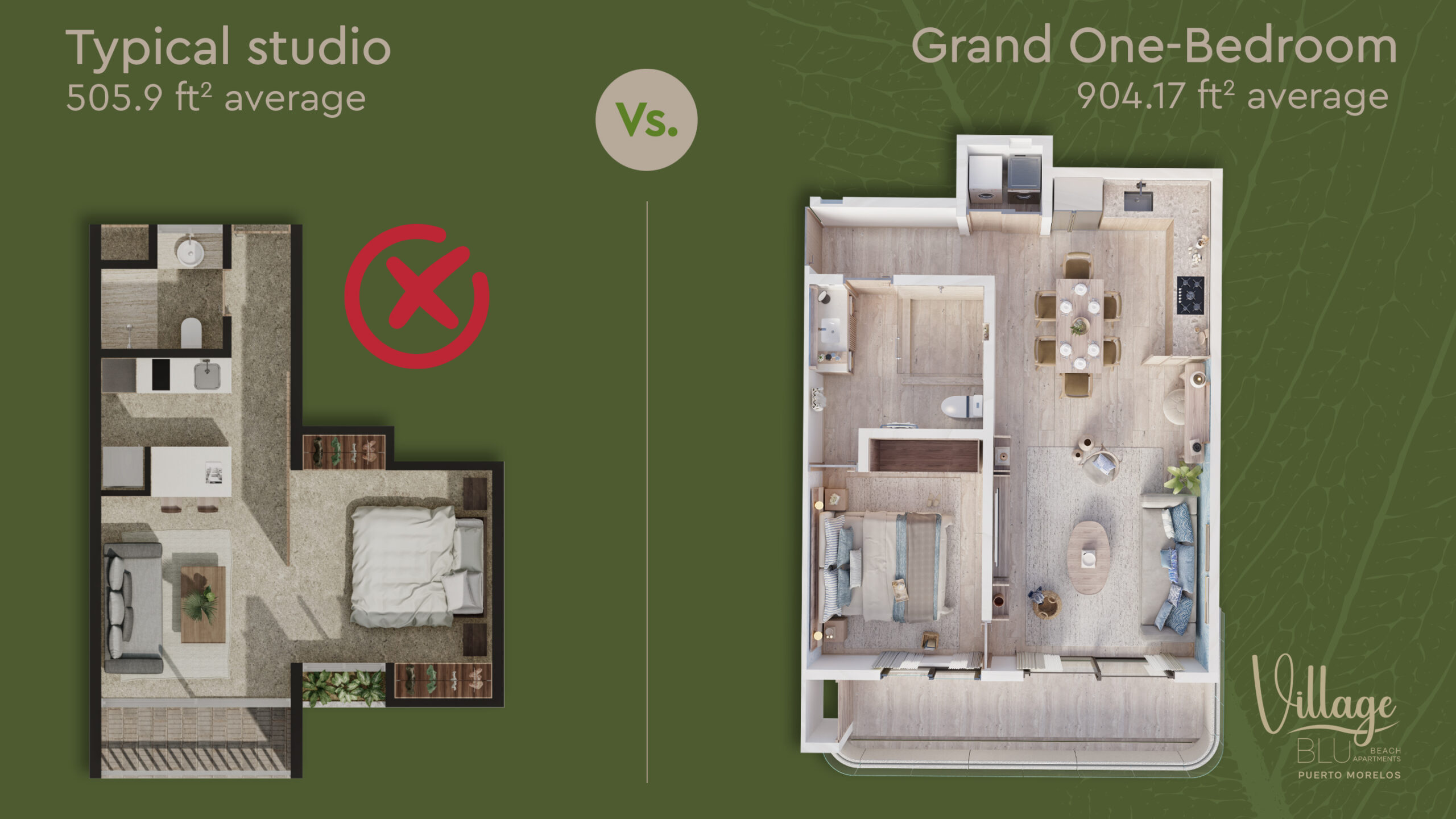 Architectural floor plan comparison Grand One Bedroom Village Blu vs average studio
