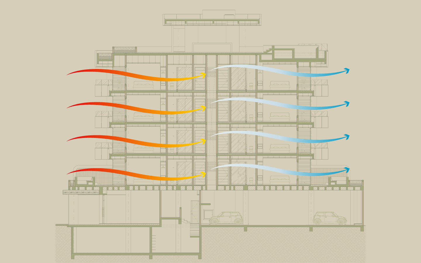 Esquema ventilación cruzada arquitectura bioclimática Village BLU