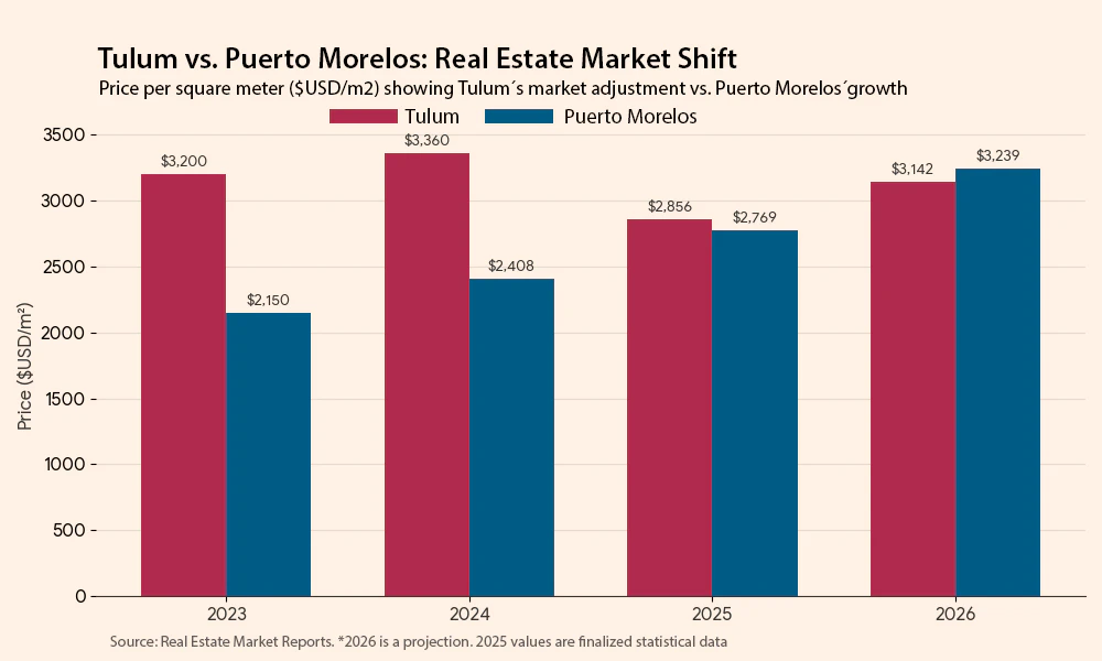 Real estate appreciation chart Puerto Morelos vs Tulum 2026 comparison