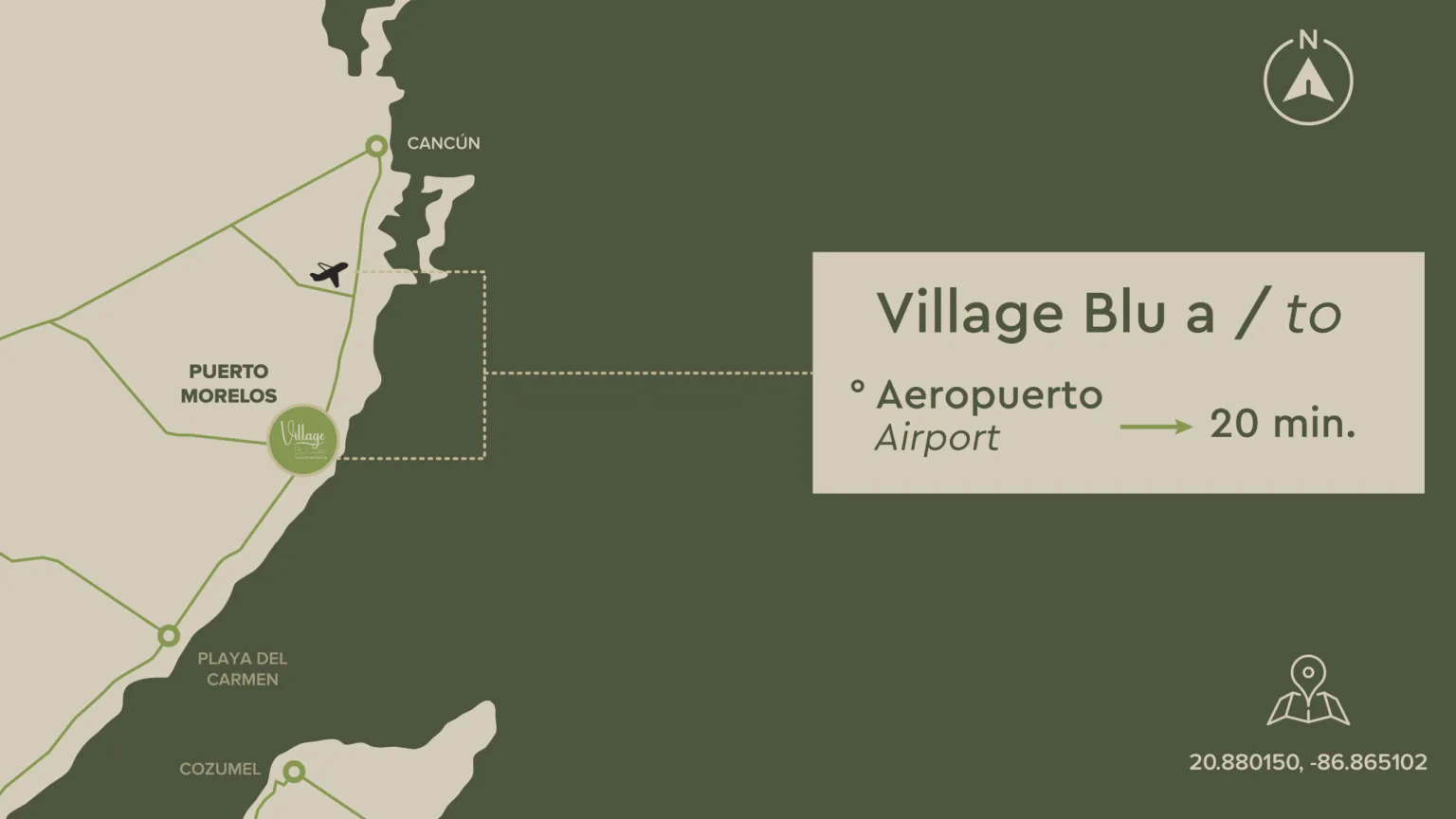 Mapa ubicación Village BLU distancia aeropuerto Cancun Puerto Morelos.