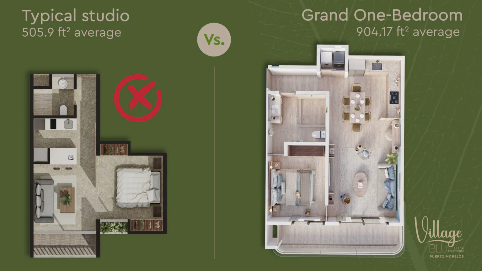 Architectural floor plan comparison Grand One Bedroom Village Blu vs average studio